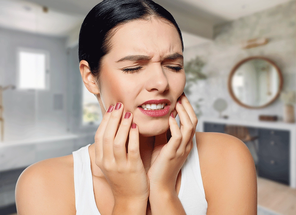 A young woman clutching her jaw in pain.